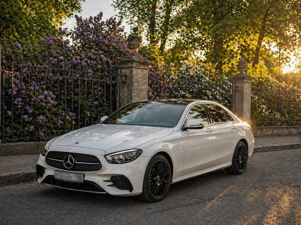 Белый Mercedes-Benz E220 AMG у кованой ограды в Санкт-Петербурге