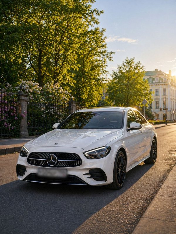 Mercedes-Benz E220 AMG на улице Санкт-Петербурга — подача автомобиля