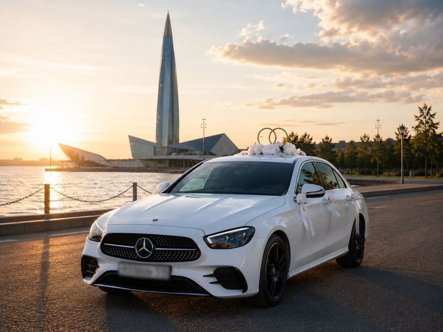 Свадебный Mercedes-Benz E220 AMG с кольцами на фоне Лахта-центра — кортеж в Санкт-Петербурге